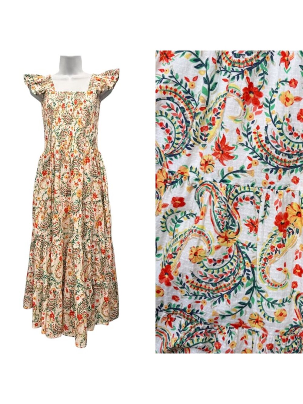 Lands End Cottagecore Prairie Paisley Floral Cotton Midi Dress Smocked Sz S NEW